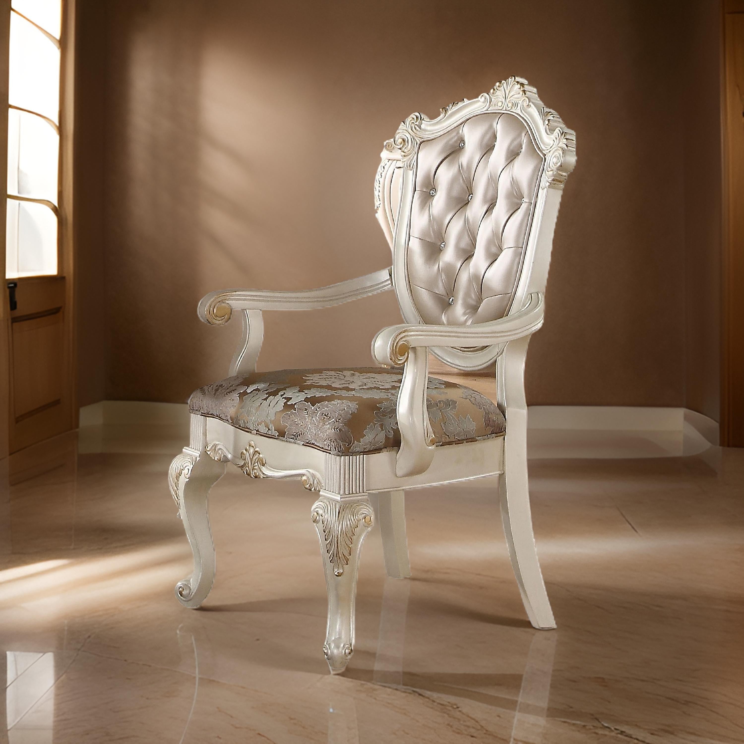 Benzara 28 Inch Vegan Faux Leather Dining Side Chair, Set of 2, White, Gold