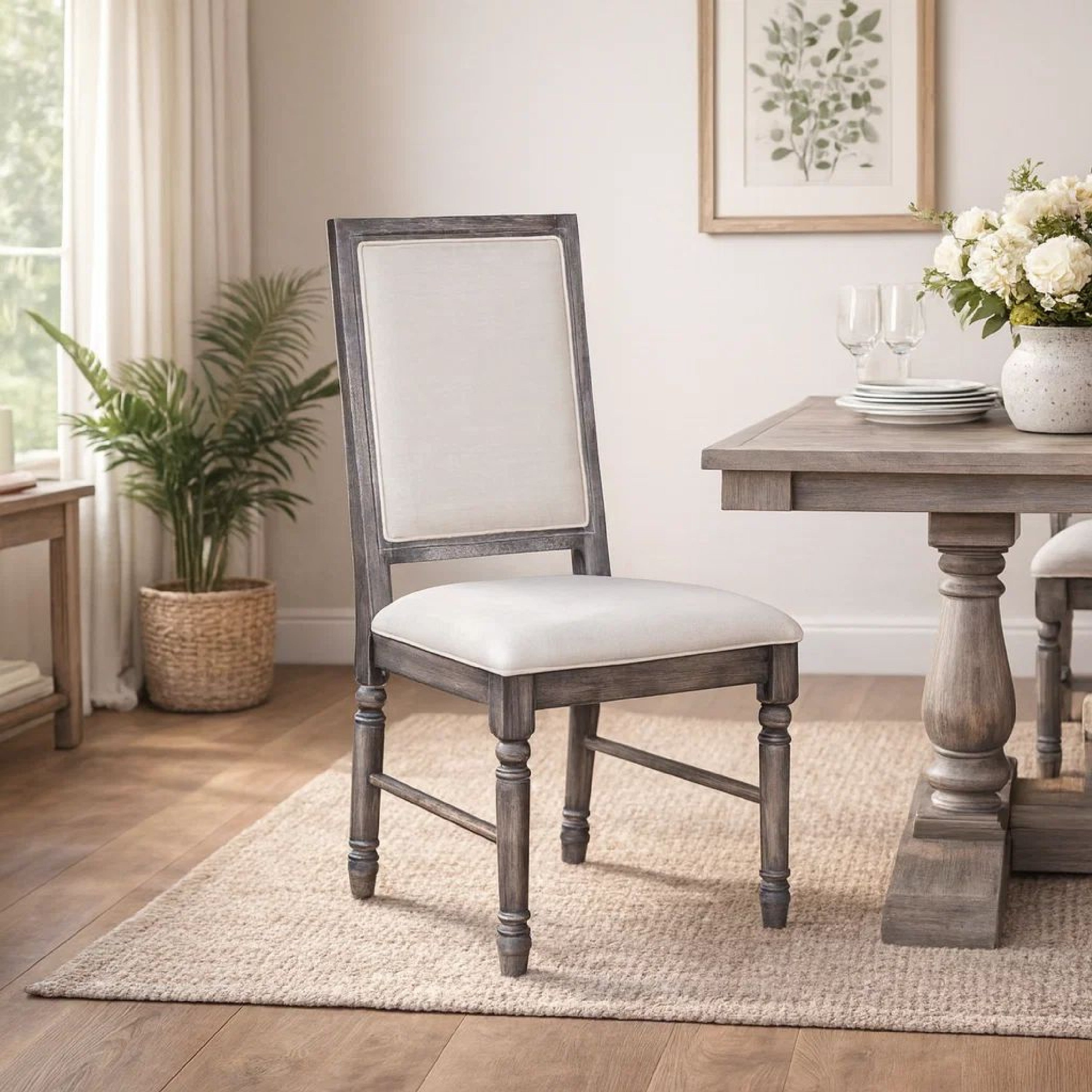 Benzara Linen Dining Side Chair with Turned Legs, Set of 2, Gray