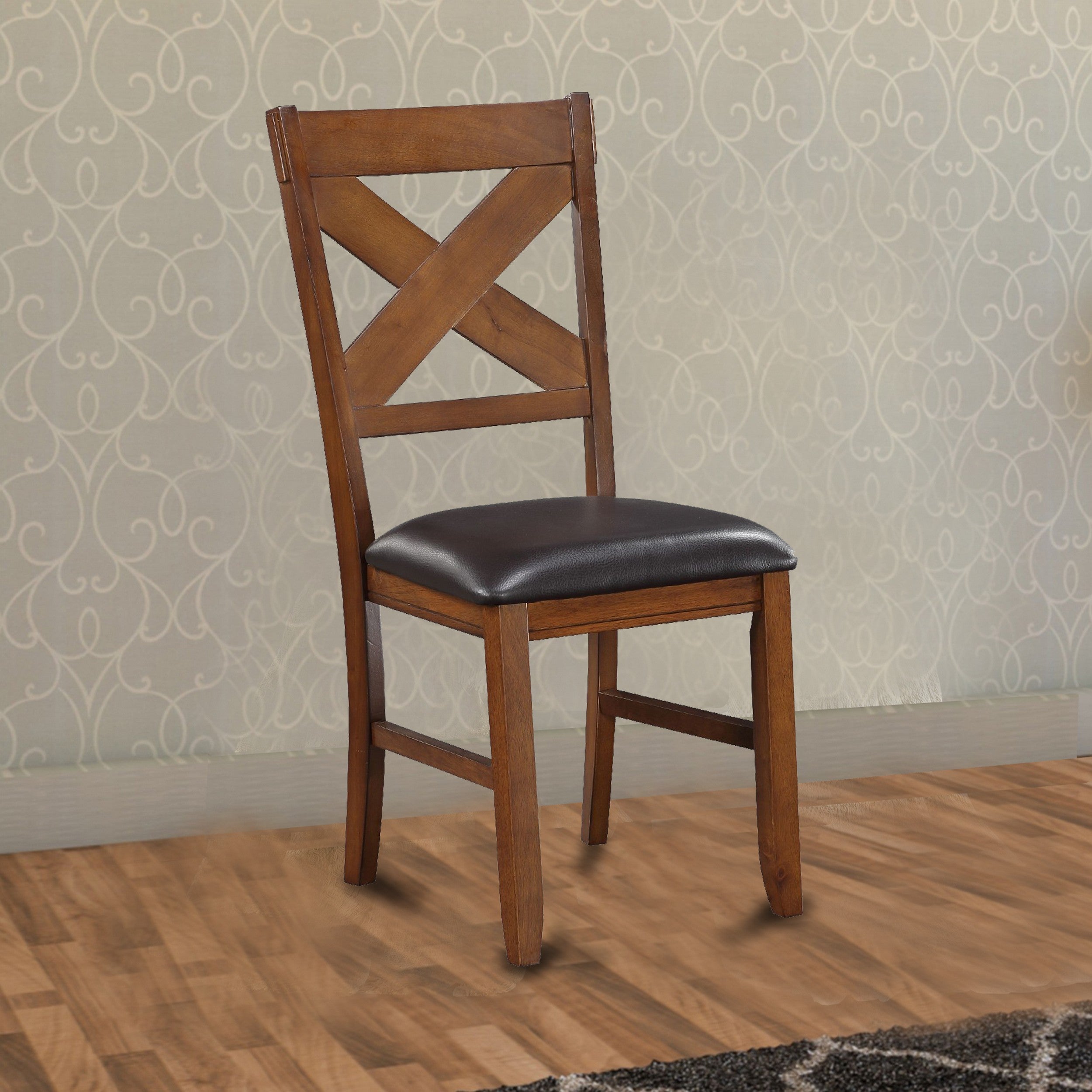 Benzara Dining Chair, Vegan Faux Leather, X Backrest, Set of 2, Brown