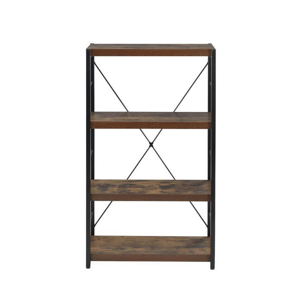 Benzara 4 Tiered Metal Framed Wooden Bookshelf, Weathered Oak Brown And Black