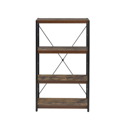Benzara 4 Tiered Metal Framed Wooden Bookshelf, Weathered Oak Brown And Black