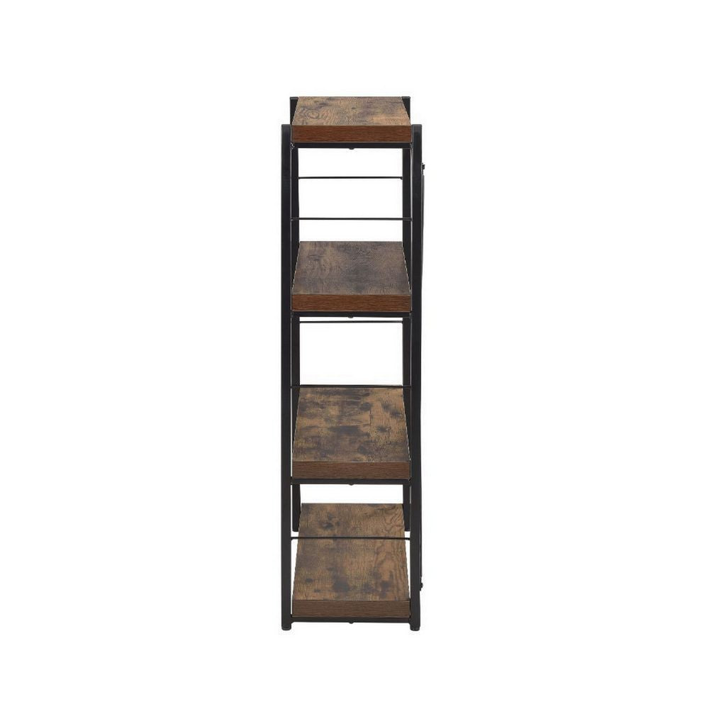 Benzara 4 Tiered Metal Framed Wooden Bookshelf, Weathered Oak Brown And Black