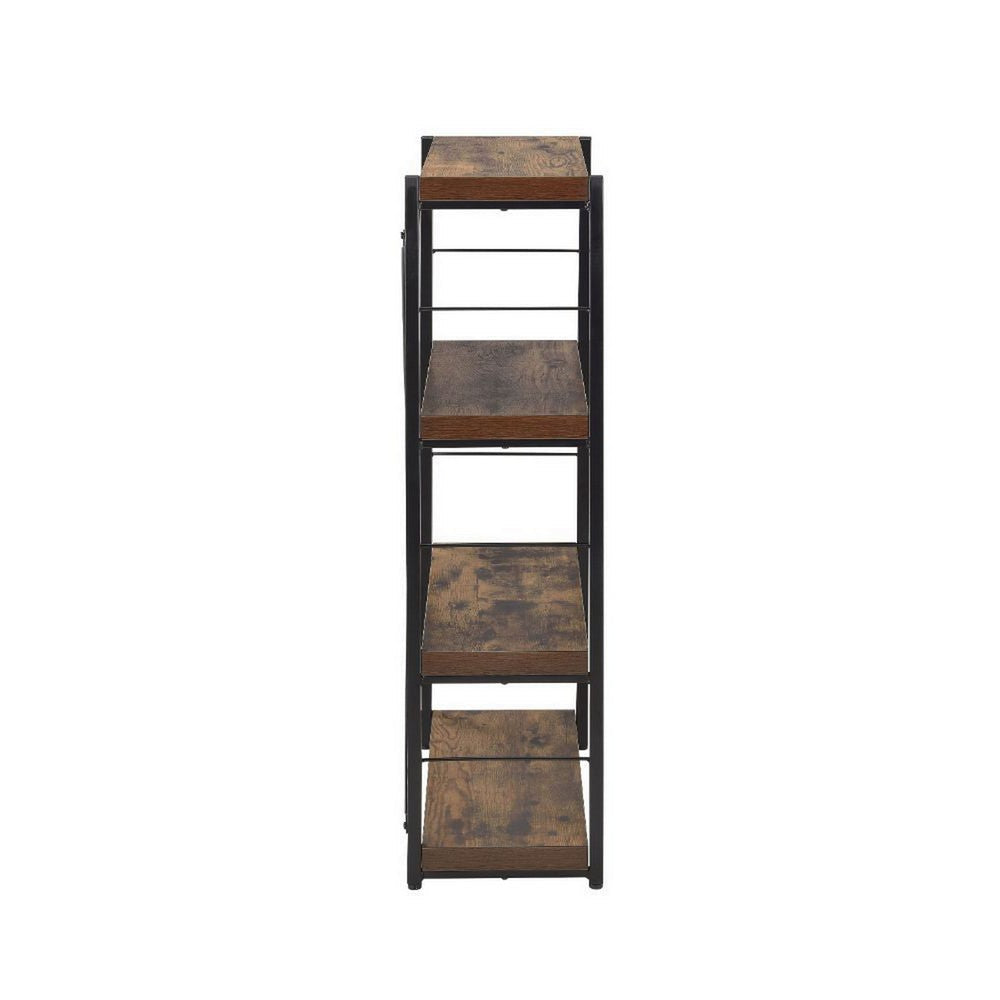 Benzara 4 Tiered Metal Framed Wooden Bookshelf, Weathered Oak Brown And Black
