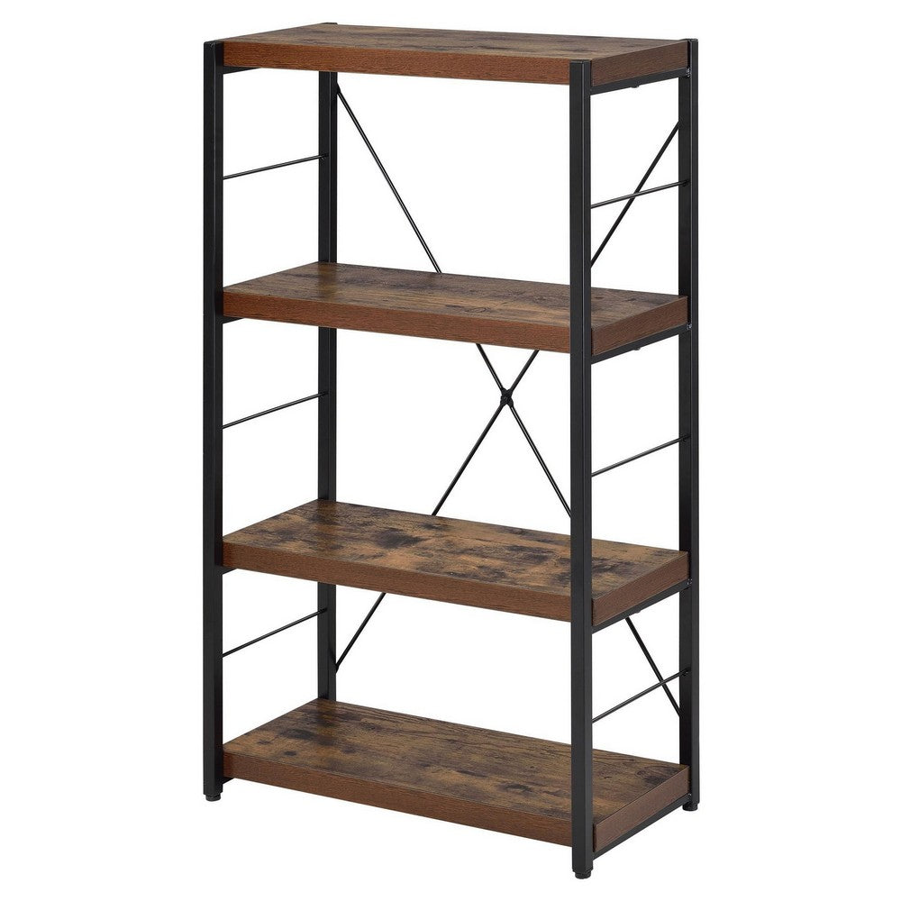 Benzara 4 Tiered Metal Framed Wooden Bookshelf, Weathered Oak Brown And Black