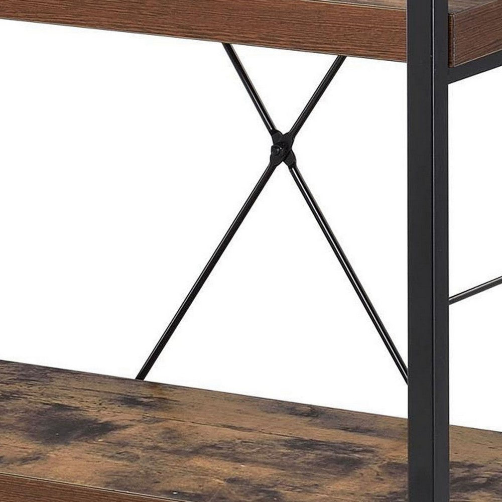 Benzara 4 Tiered Metal Framed Wooden Bookshelf, Weathered Oak Brown And Black