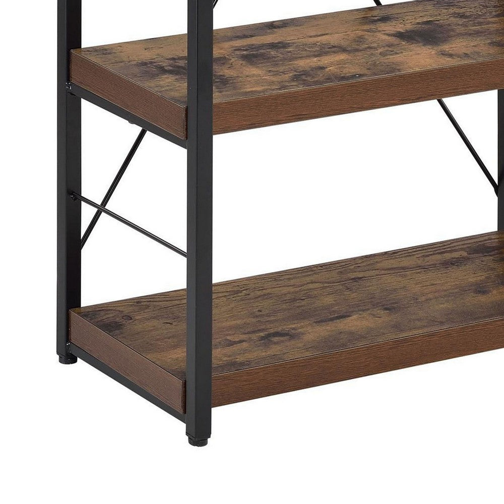 Benzara 4 Tiered Metal Framed Wooden Bookshelf, Weathered Oak Brown And Black