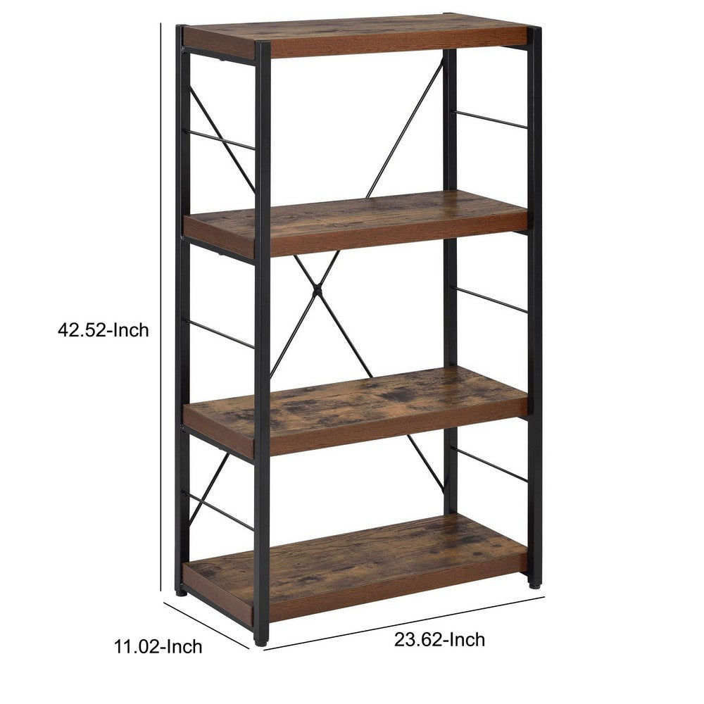 Benzara 4 Tiered Metal Framed Wooden Bookshelf, Weathered Oak Brown And Black