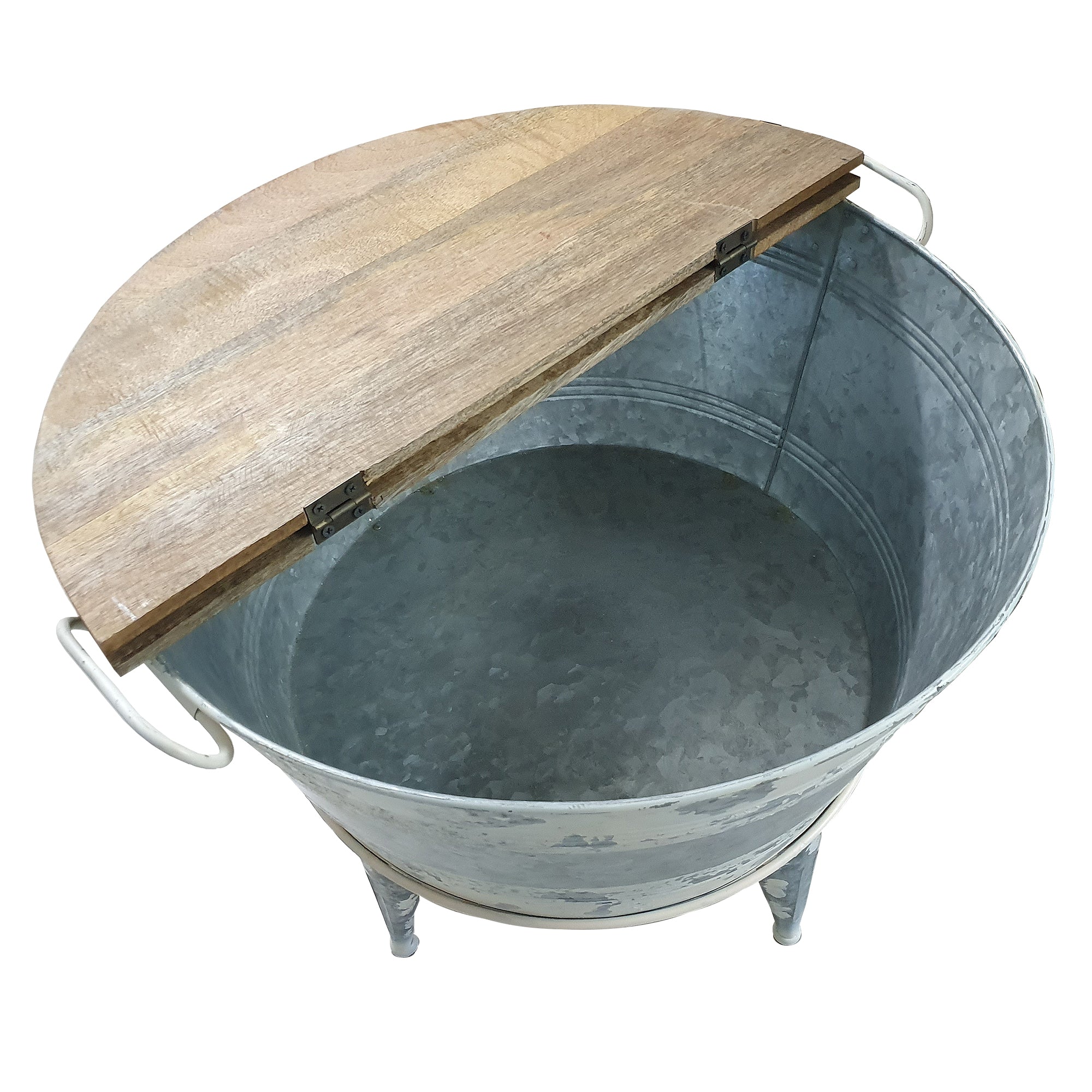 Benjara 26 inch Accent Round Cocktail Table, Tub Like Iron Base, Brown, Gray, Washed White