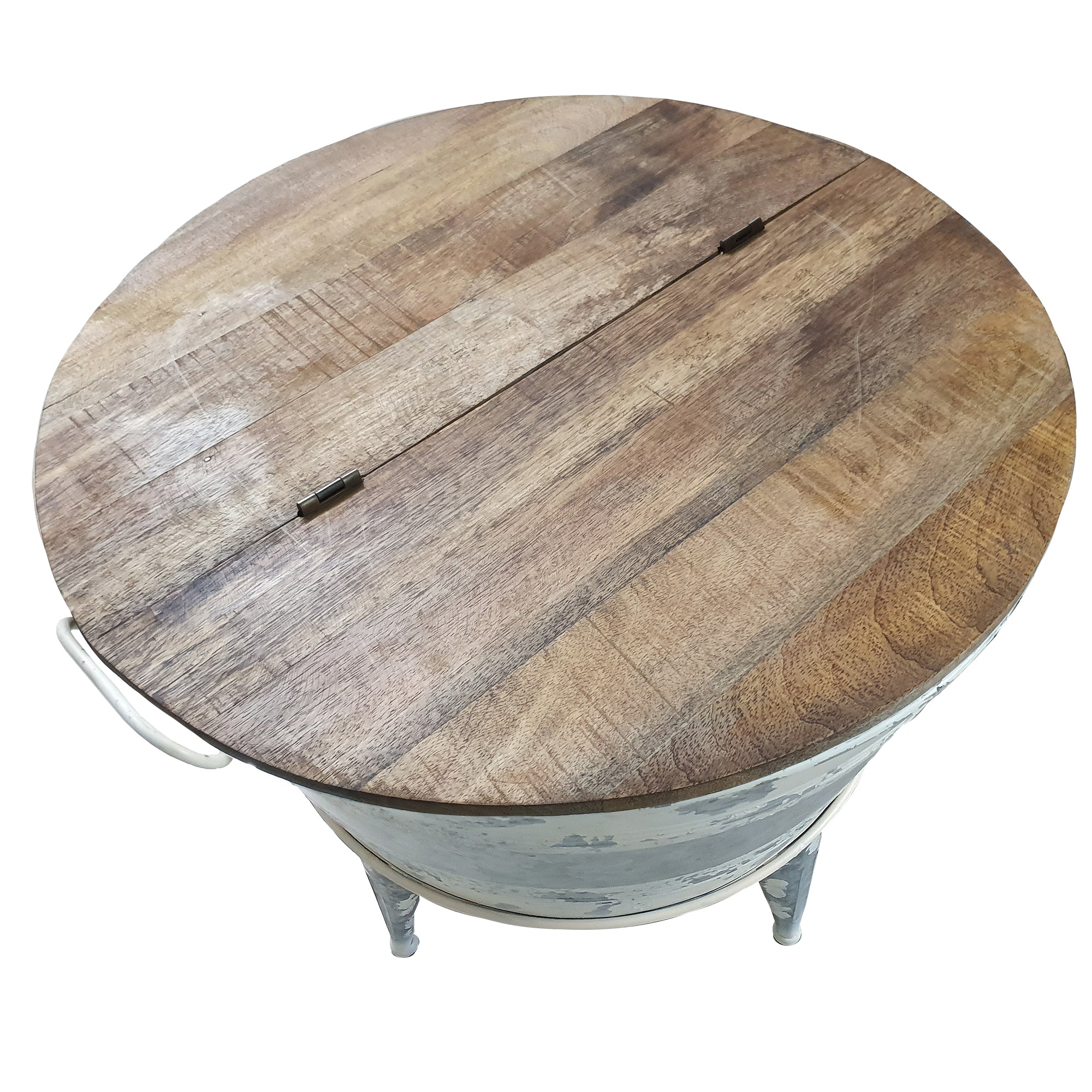 Benjara 26 inch Accent Round Cocktail Table, Tub Like Iron Base, Brown, Gray, Washed White