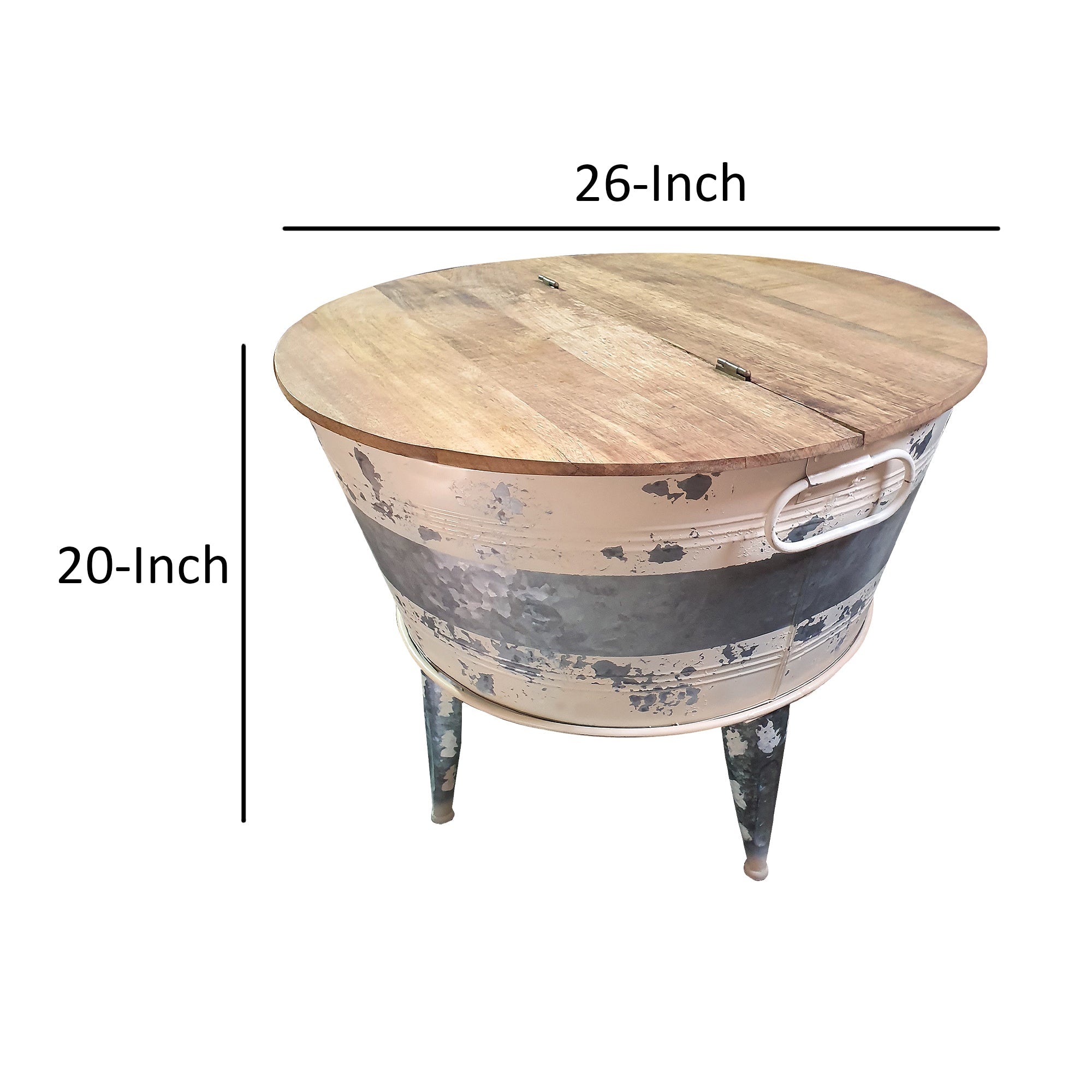 Benjara 26 inch Accent Round Cocktail Table, Tub Like Iron Base, Brown, Gray, Washed White
