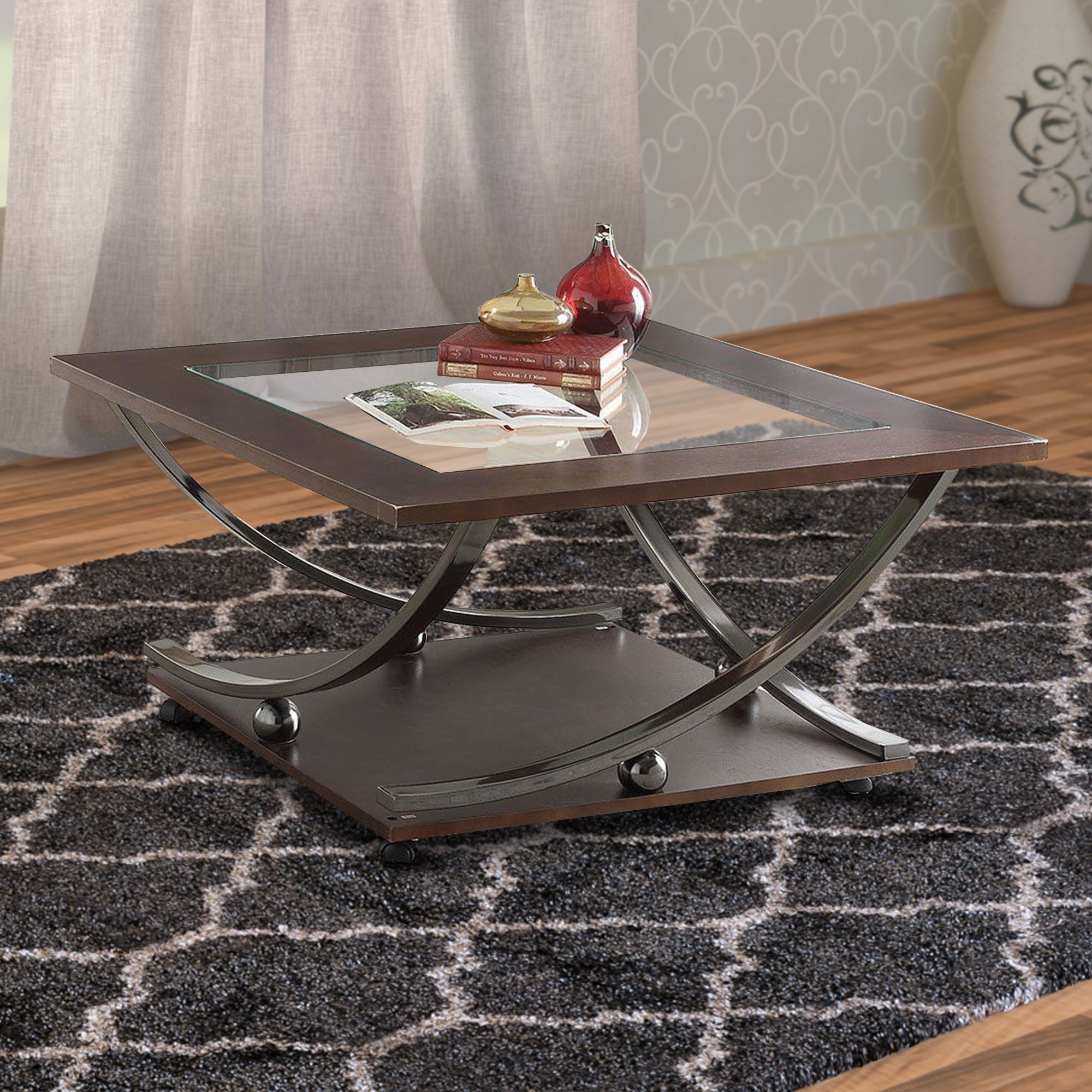 Benzara Glass Inserted Wooden Coffee Table with Open Shelve And Castors, Brown And Black