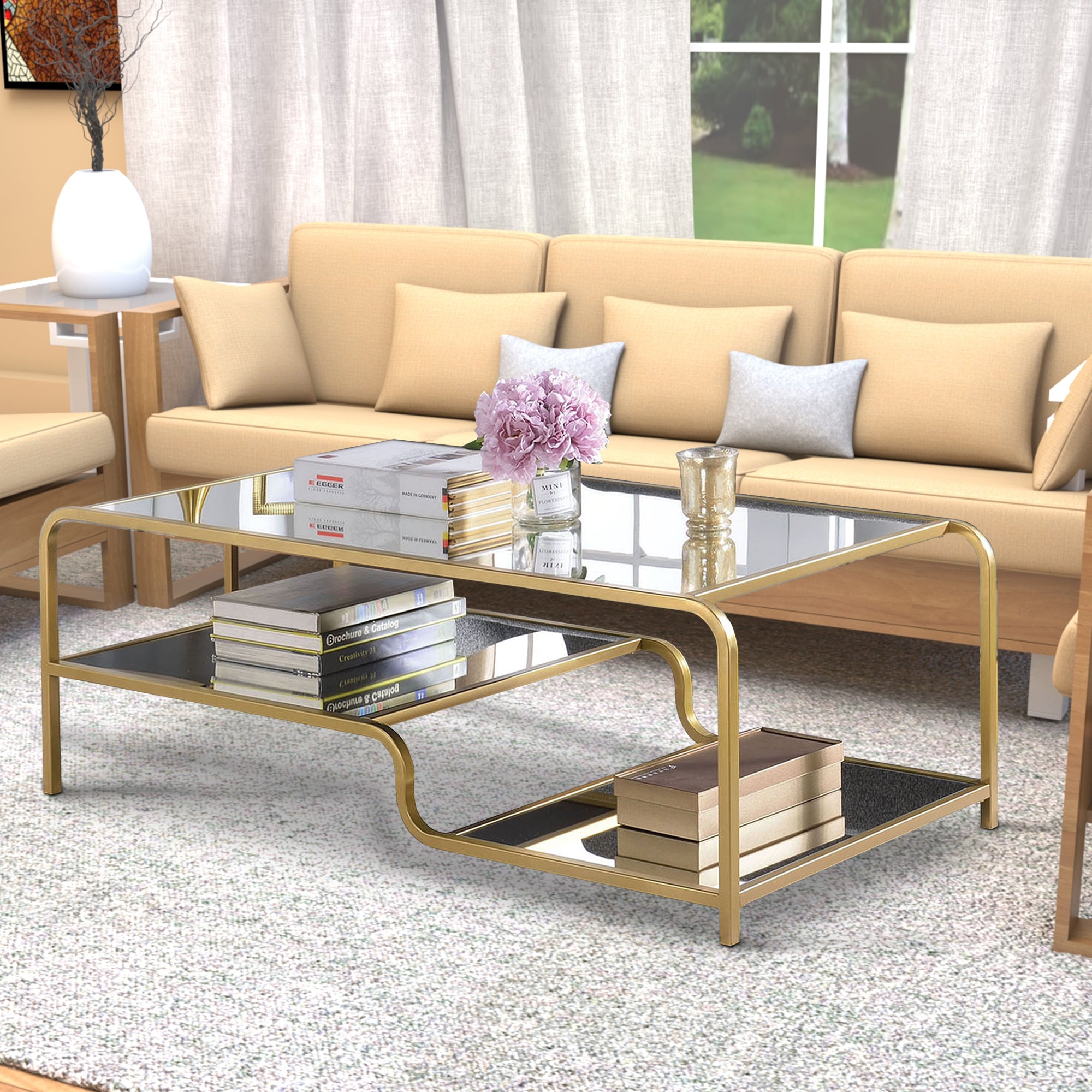 Benzara Metal Framed Mirror Coffee Table with Tiered Shelves, Gold And Mirror