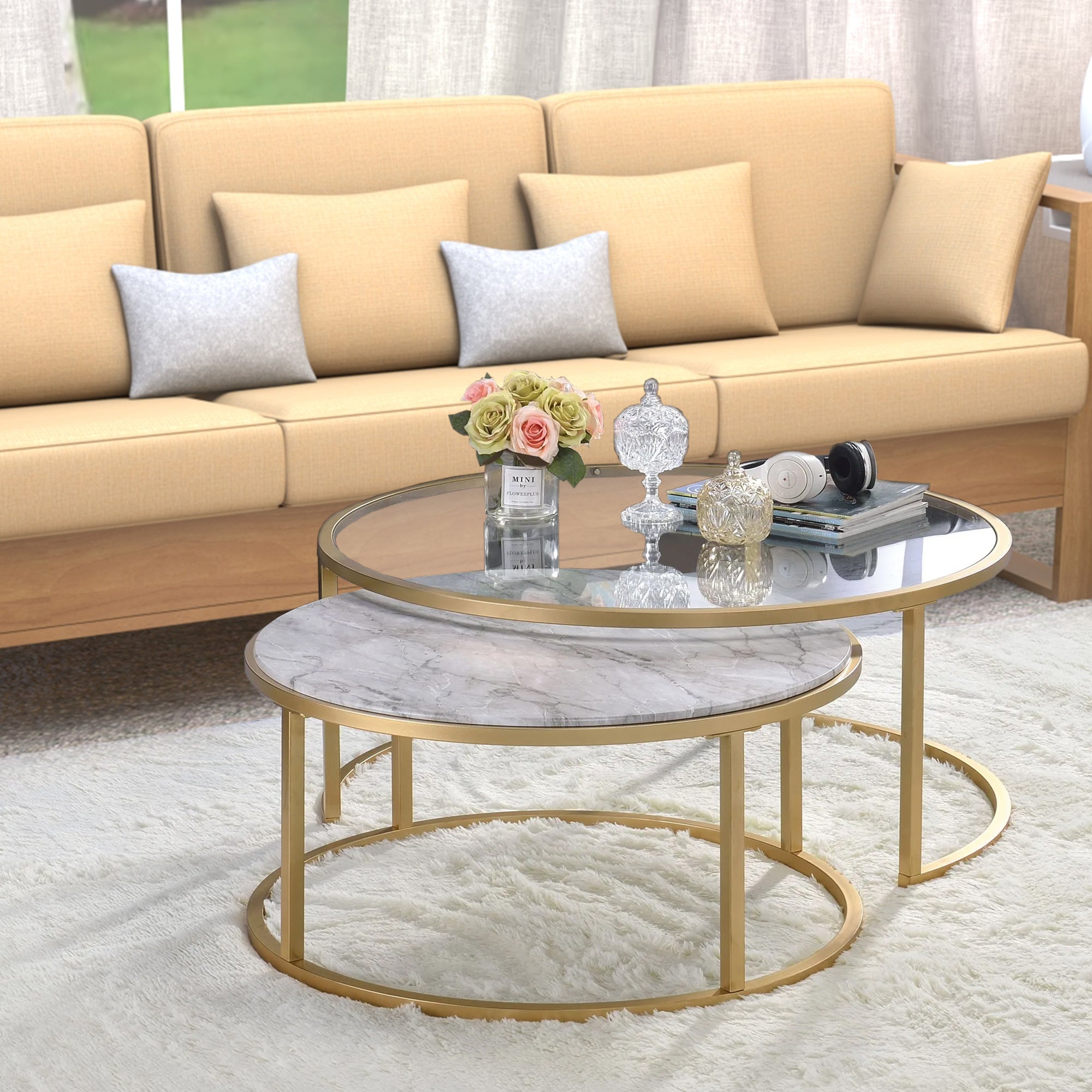 Benzara Metal Framed Nesting Coffee Tables with Glass And Marble Tops, Set of Two, Gold