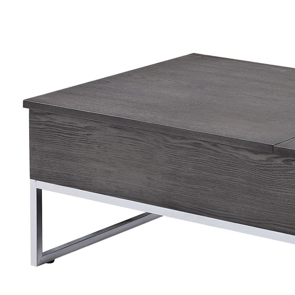 Benzara Wooden Coffee Table with Two Lift Tops And Metal Sled Leg Support, Gray And Silver