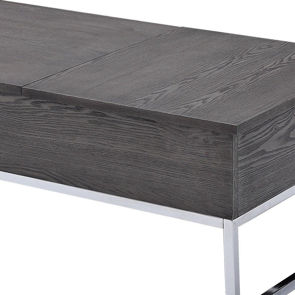 Benzara Wooden Coffee Table with Two Lift Tops And Metal Sled Leg Support, Gray And Silver