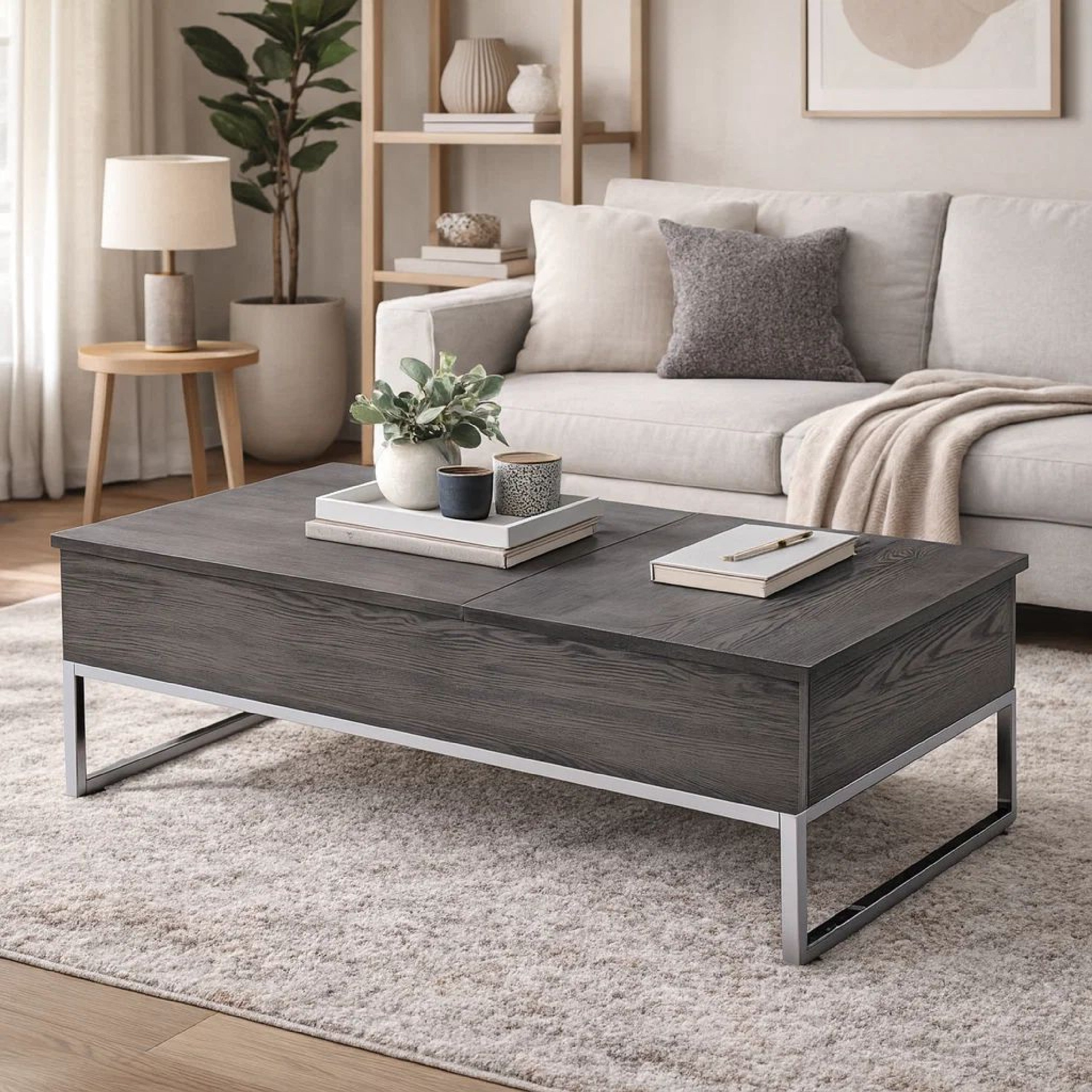 Benzara Wooden Coffee Table with Two Lift Tops And Metal Sled Leg Support, Gray And Silver