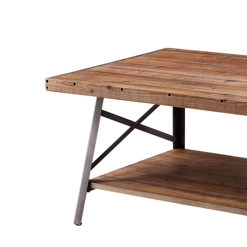 Benzara Wooden Coffee Table with X Crossed Metal Sides And Open Shelf, Brown And Black