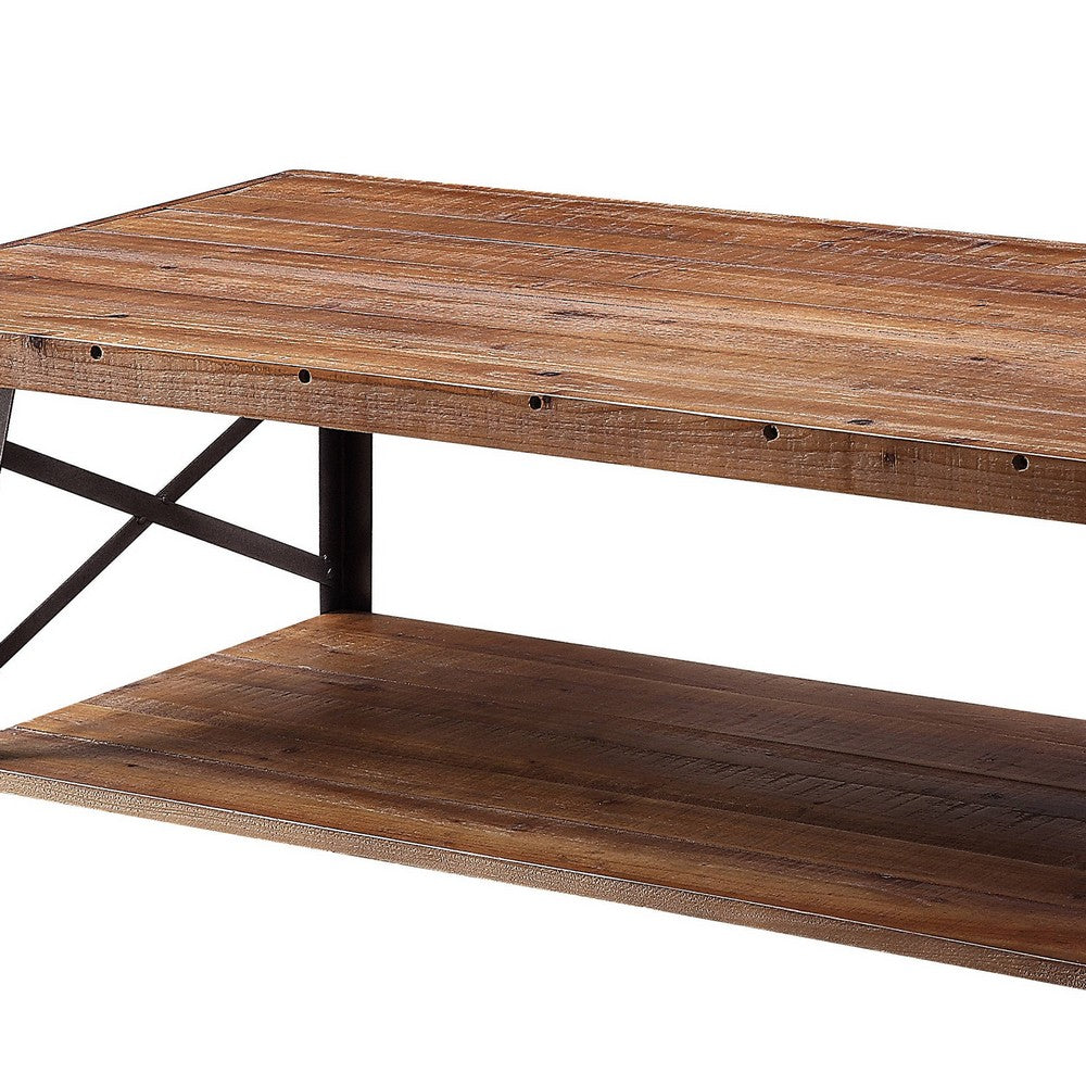 Benzara Wooden Coffee Table with X Crossed Metal Sides And Open Shelf, Brown And Black