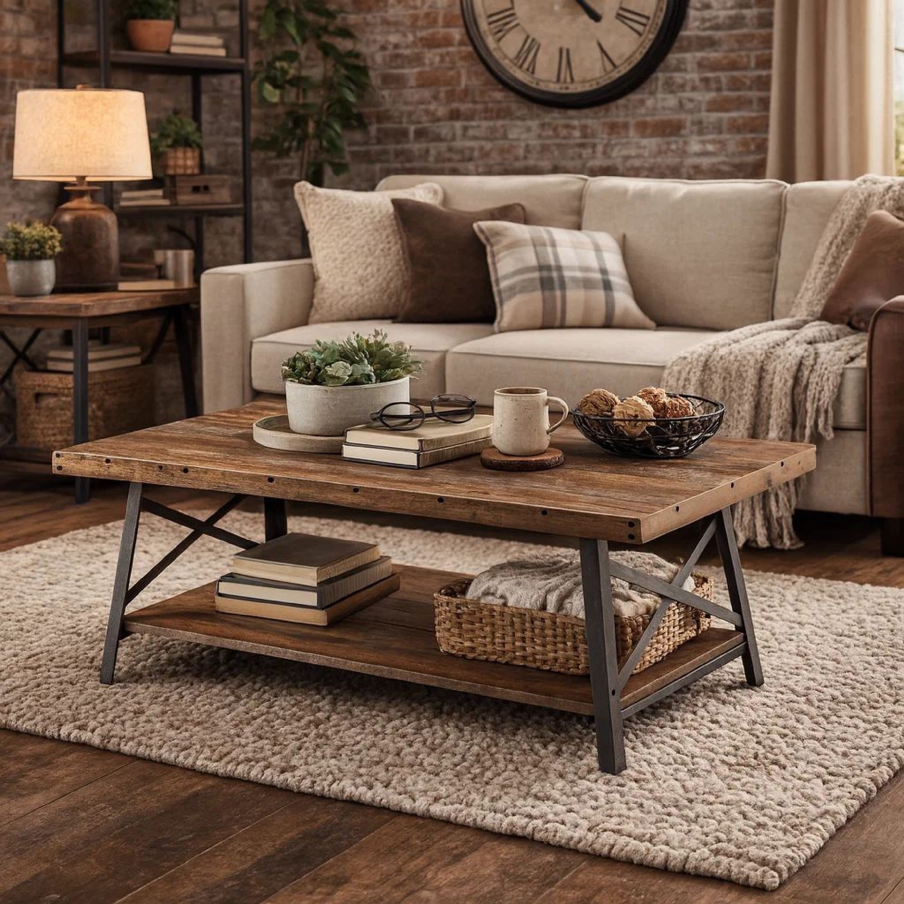 Benzara Wooden Coffee Table with X Crossed Metal Sides And Open Shelf, Brown And Black