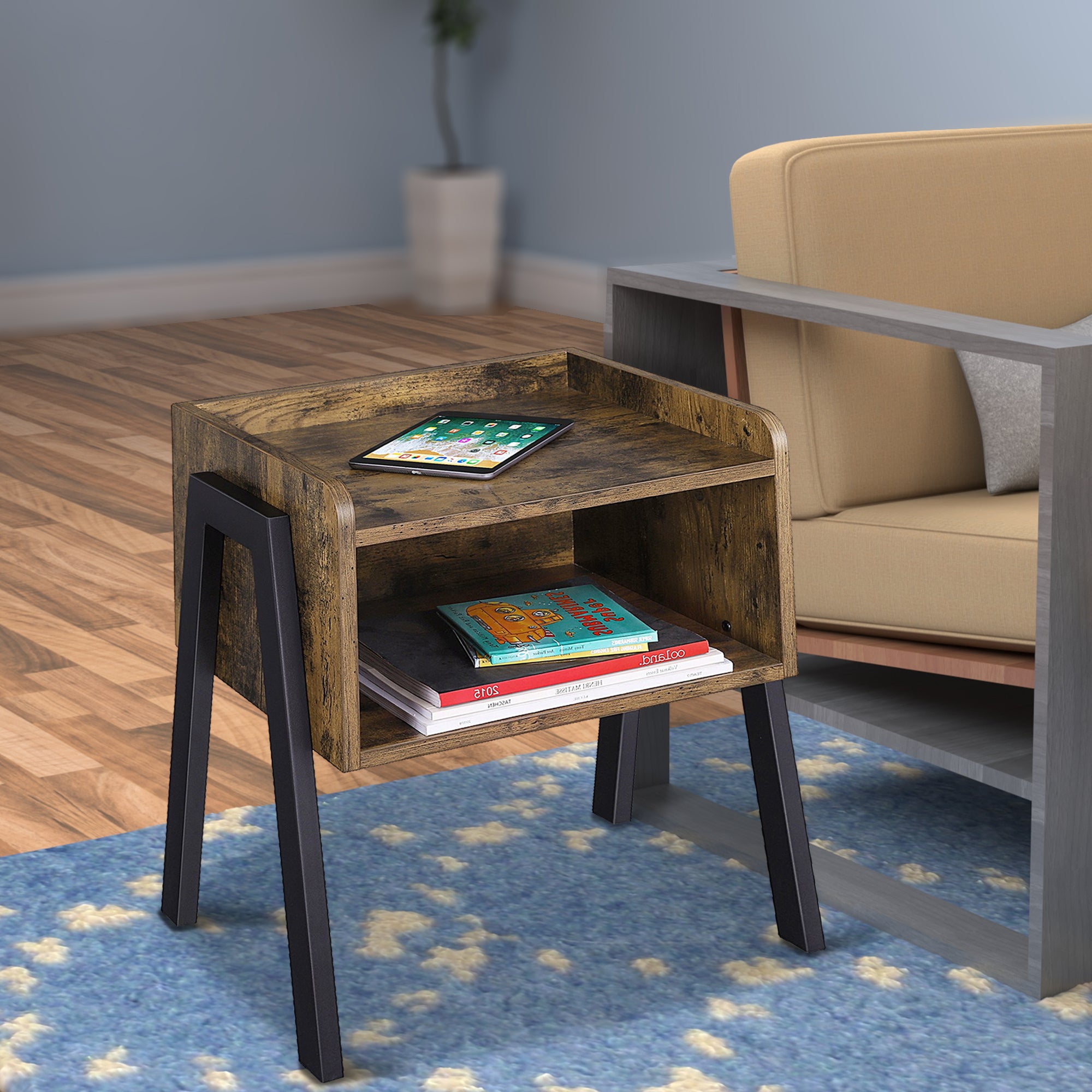 Benzara Wooden Stackable End Table with Inverted Iron Legs And Storage Compartment, Brown And Black