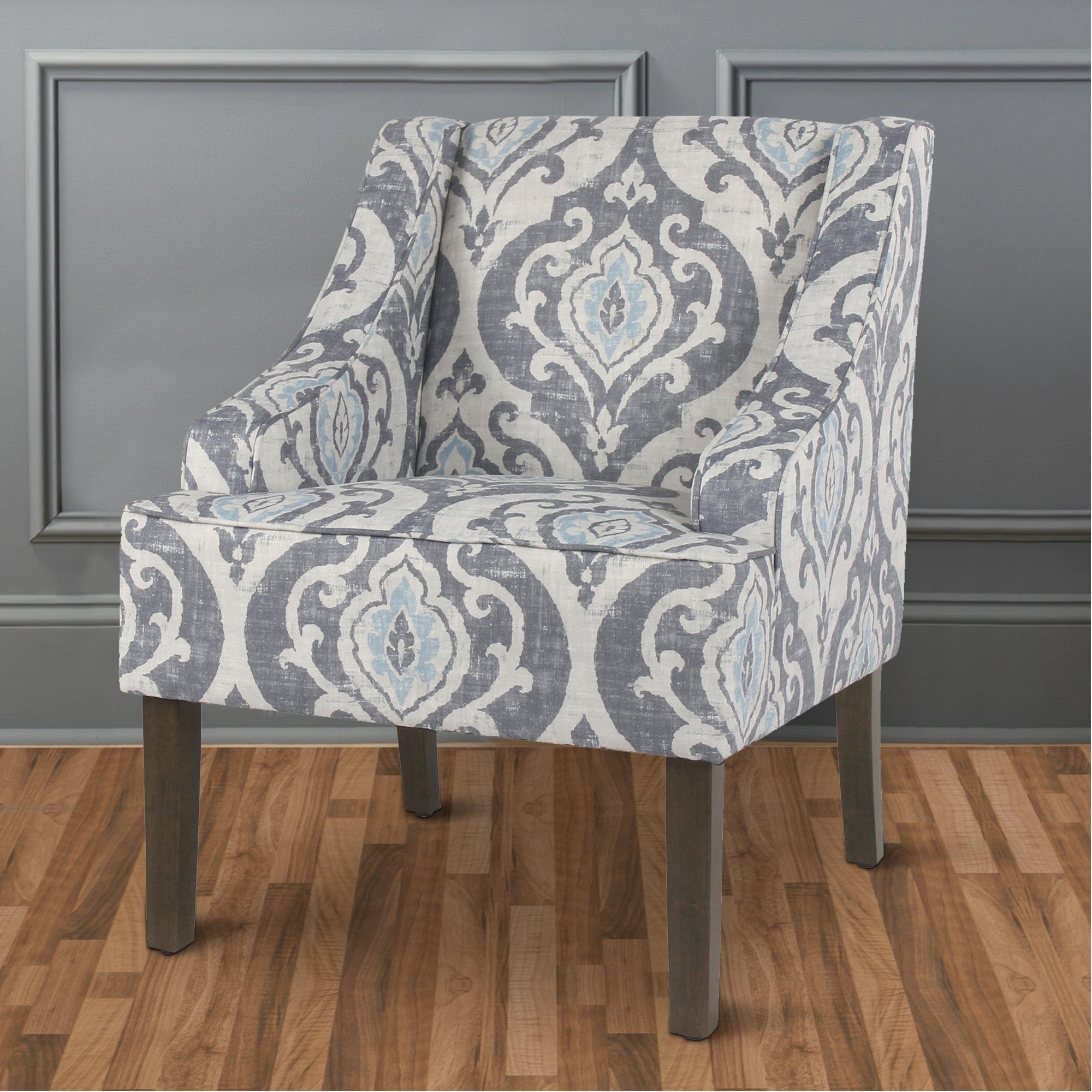 Benzara Fabric Upholstered Wooden Accent Chair with Swooping Armrests And Damask Pattern Design, Multicolor