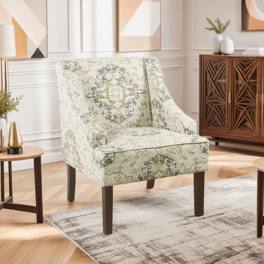 Benzara Fabric Upholstered Wooden Accent Chair with Swooping Armrests, Multicolor