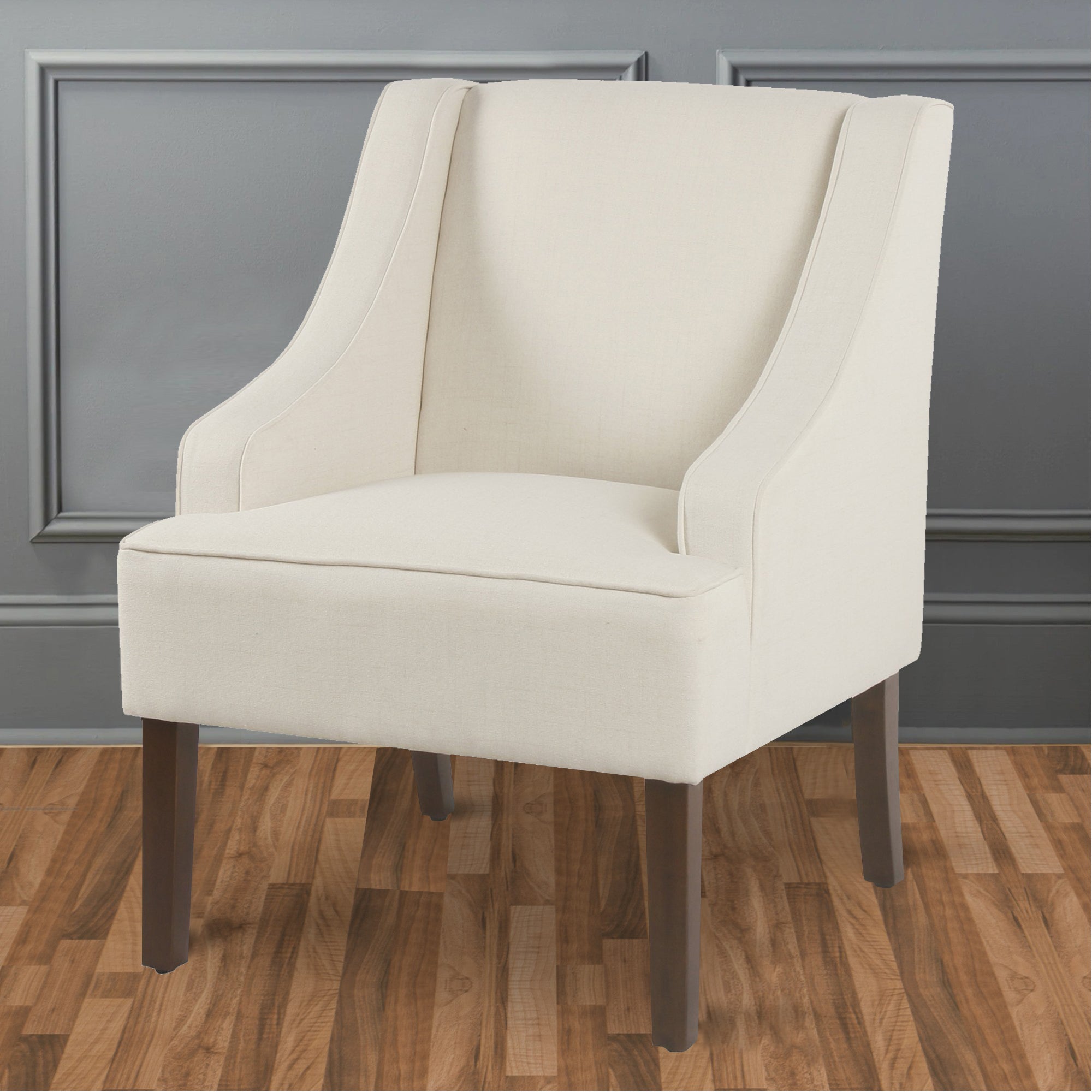 Benzara Fabric Upholstered Wooden Accent Chair with Swooping Armrests, Cream And Brown