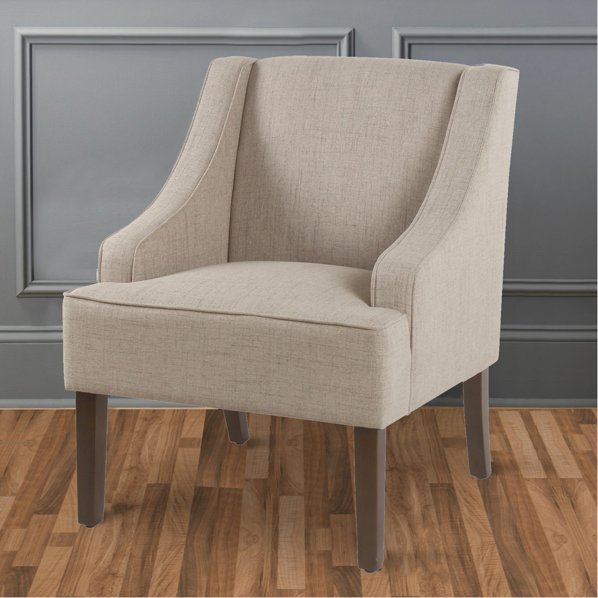 Benzara Fabric Upholstered Wooden Accent Chair with Swooping Armrests, Beige And Brown