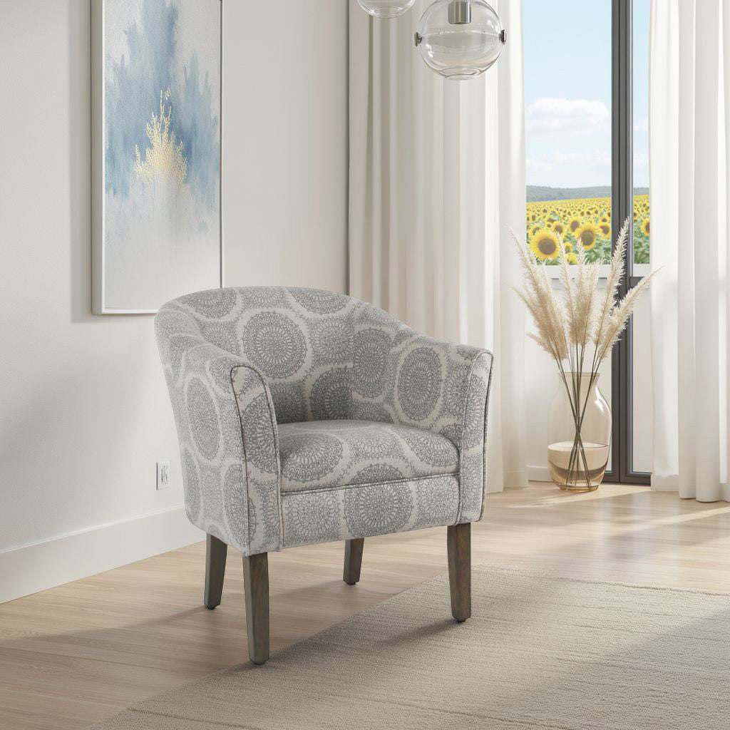 Benzara Wood And Fabric Barrel Style Accent Chair with Medallion Pattern, Gray And Brown