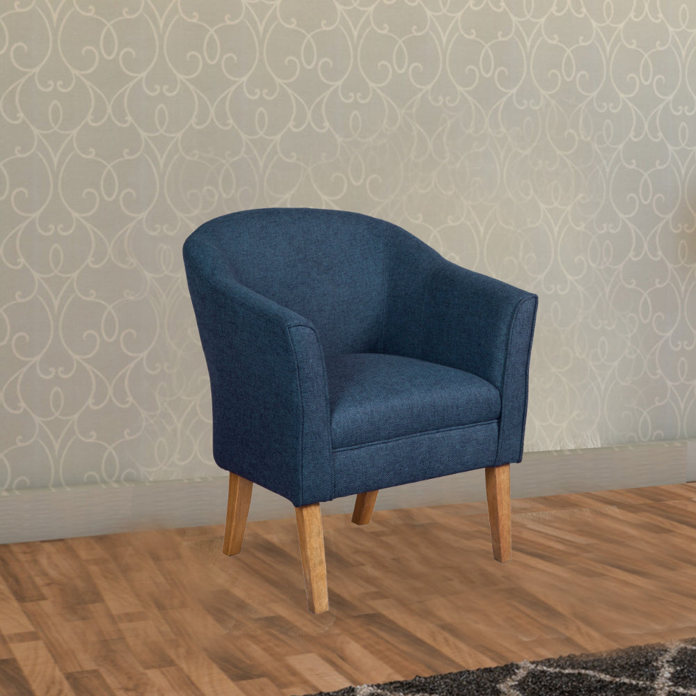 Benzara Fabric Upholstered Wooden Accent Chair with Curved Back, Blue And Brown