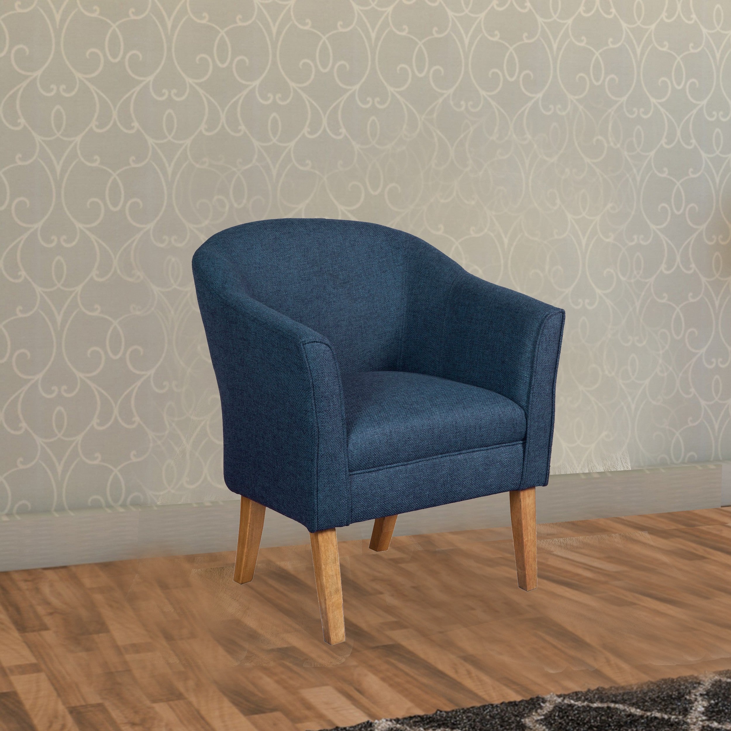 Benzara Fabric Upholstered Wooden Accent Chair with Curved Back, Blue And Brown