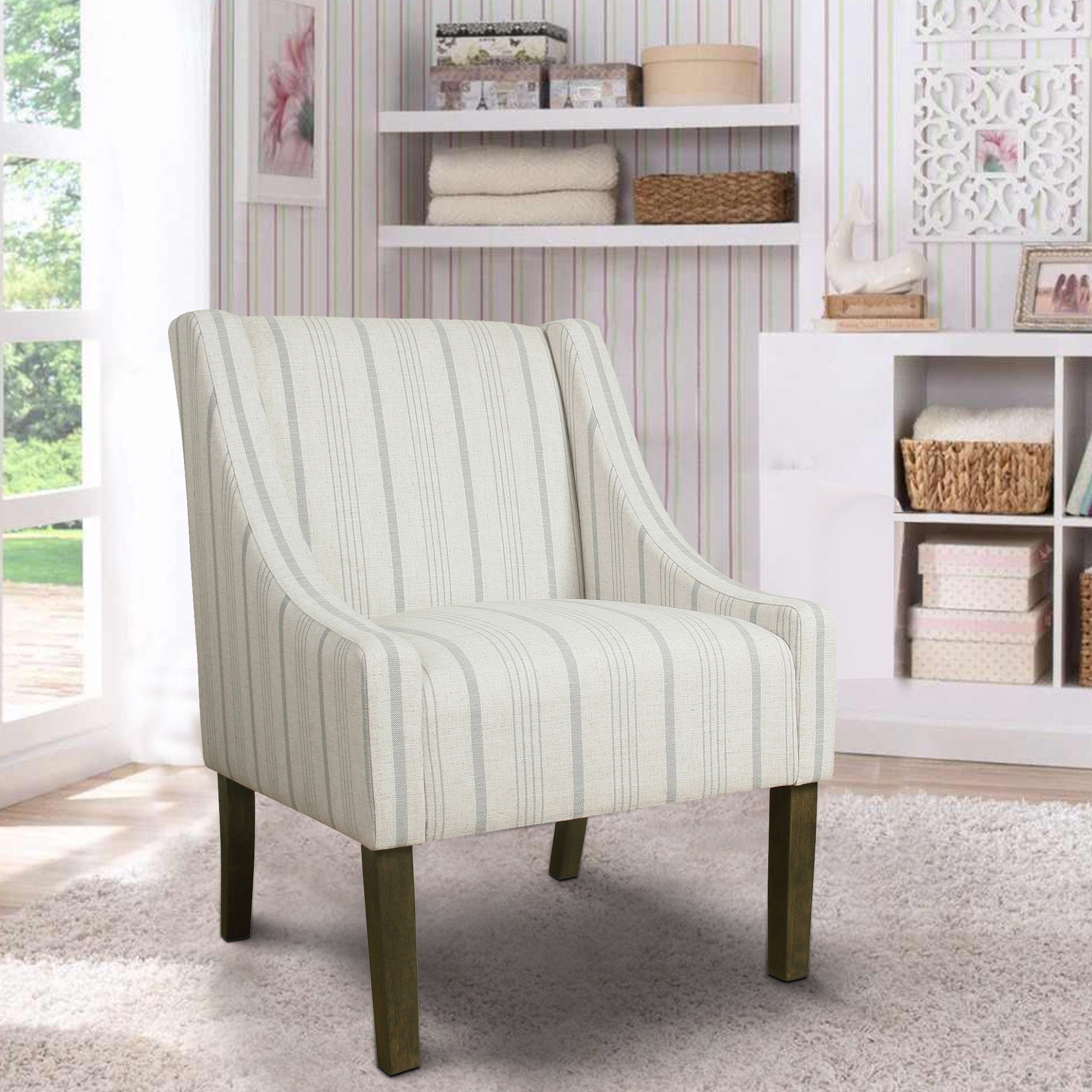 Benzara Fabric Upholstered Wooden Accent Chair with Stripe Pattern And Swooping Armrests, Multicolor