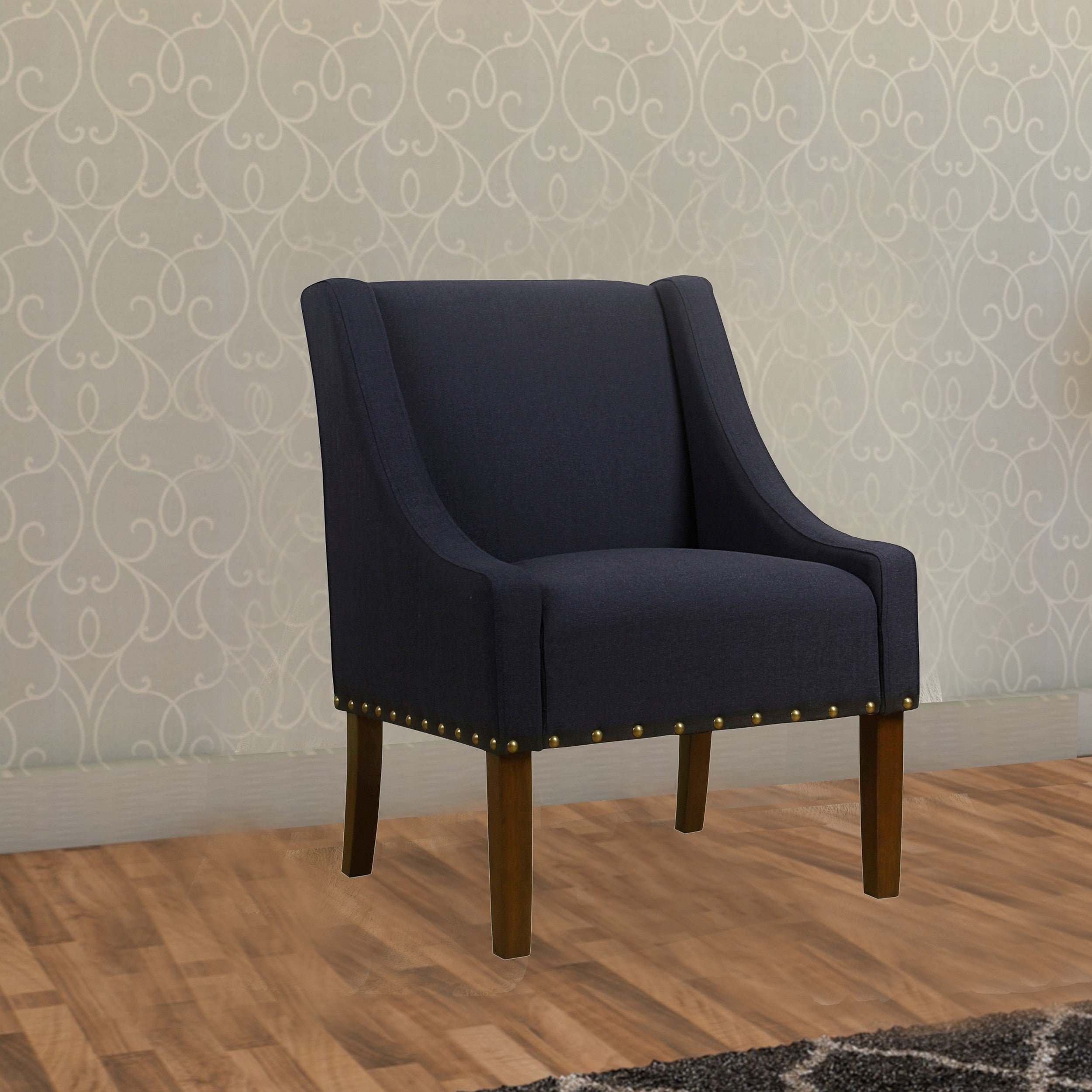 Benzara Fabric Upholstered Accent Chair with Swooping Arms And Nail Head Trim, Blue And Brown