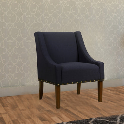 Benzara Fabric Upholstered Accent Chair with Swooping Arms And Nail Head Trim, Blue And Brown