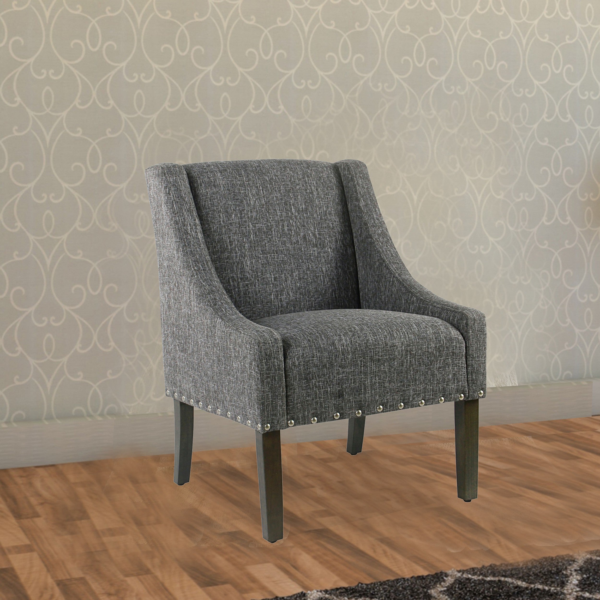 Benzara Fabric Upholstered Wooden Accent Chair with Swooping Arms And Nail Head Trim, Gray And Brown