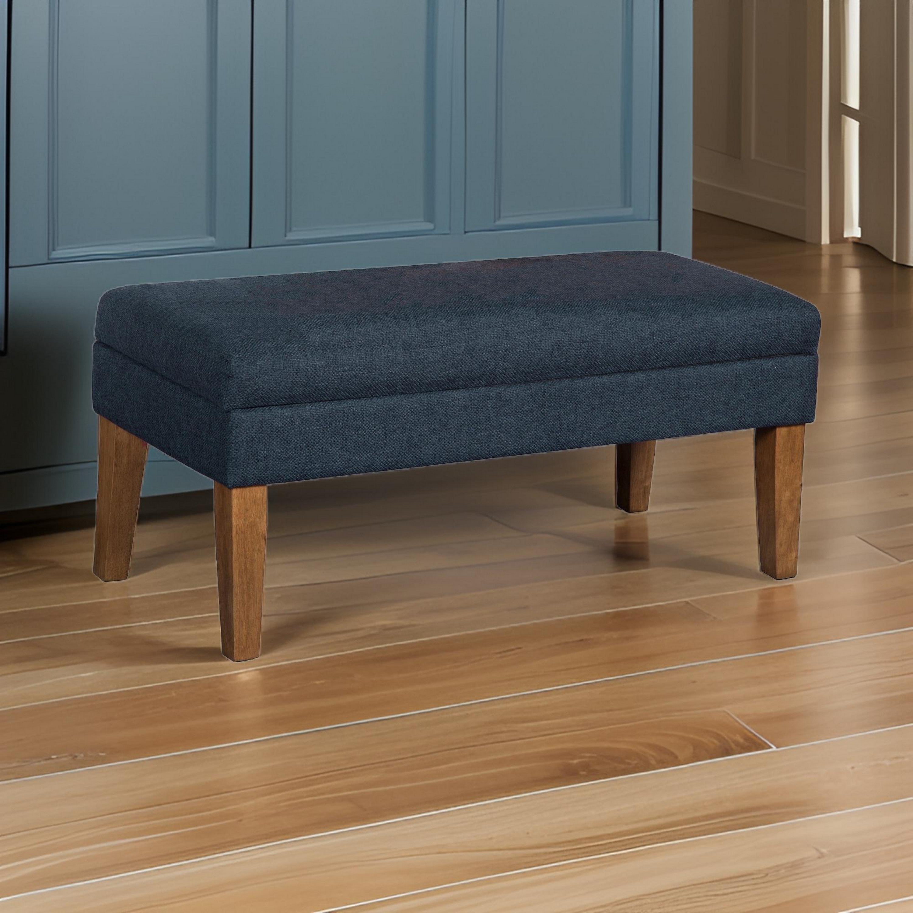 Benzara Fabric Upholstered Wooden Bench with Lift Top Storage, Navy Blue