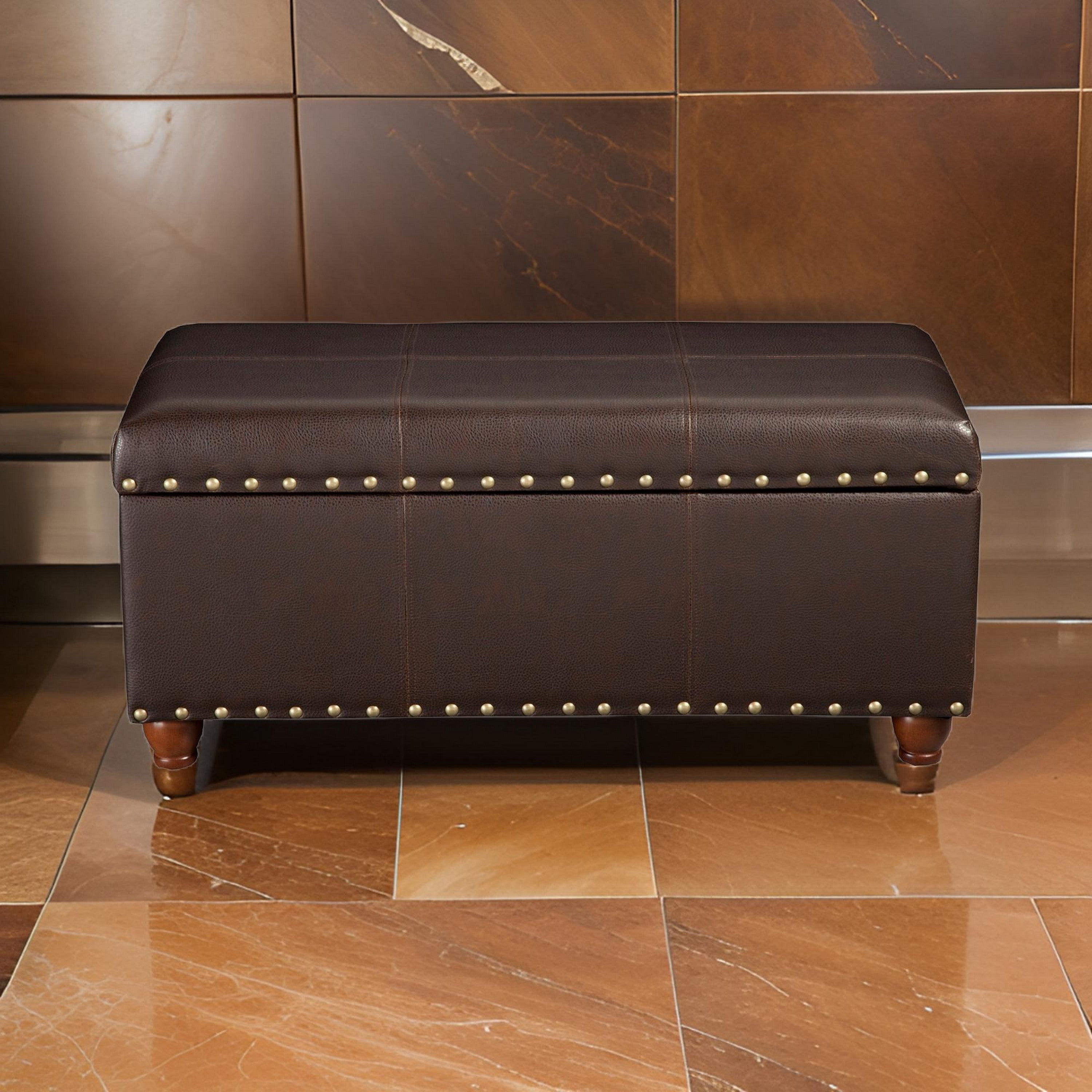 Benzara Leatherette Upholstered Wooden Storage Bench with Nail Head Trim Accent, Espresso Brown