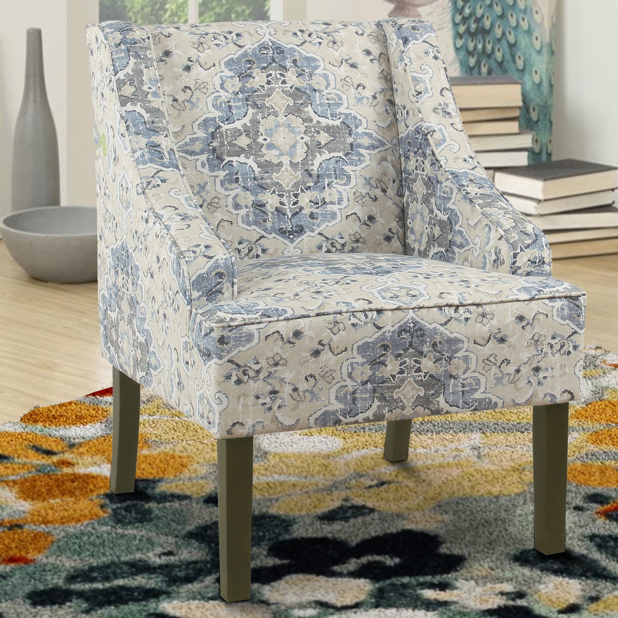 Benzara Fabric Upholstered Wooden Accent Chair with Swooping Armrests, Blue, Cream And Brown