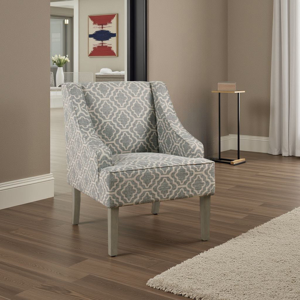 Benzara Trellis Pattern Fabric Upholstered Wooden Accent Chair with Swooping Armrests, Gray, White And Brown