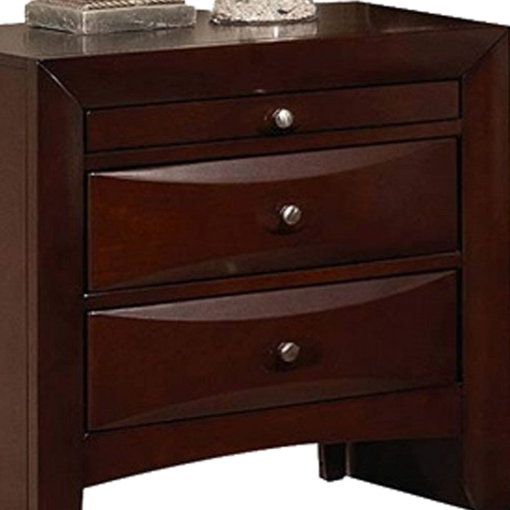 Benzara Contemporary Style Wooden Nightstand with Three Drawers And Metal Knobs, Brown