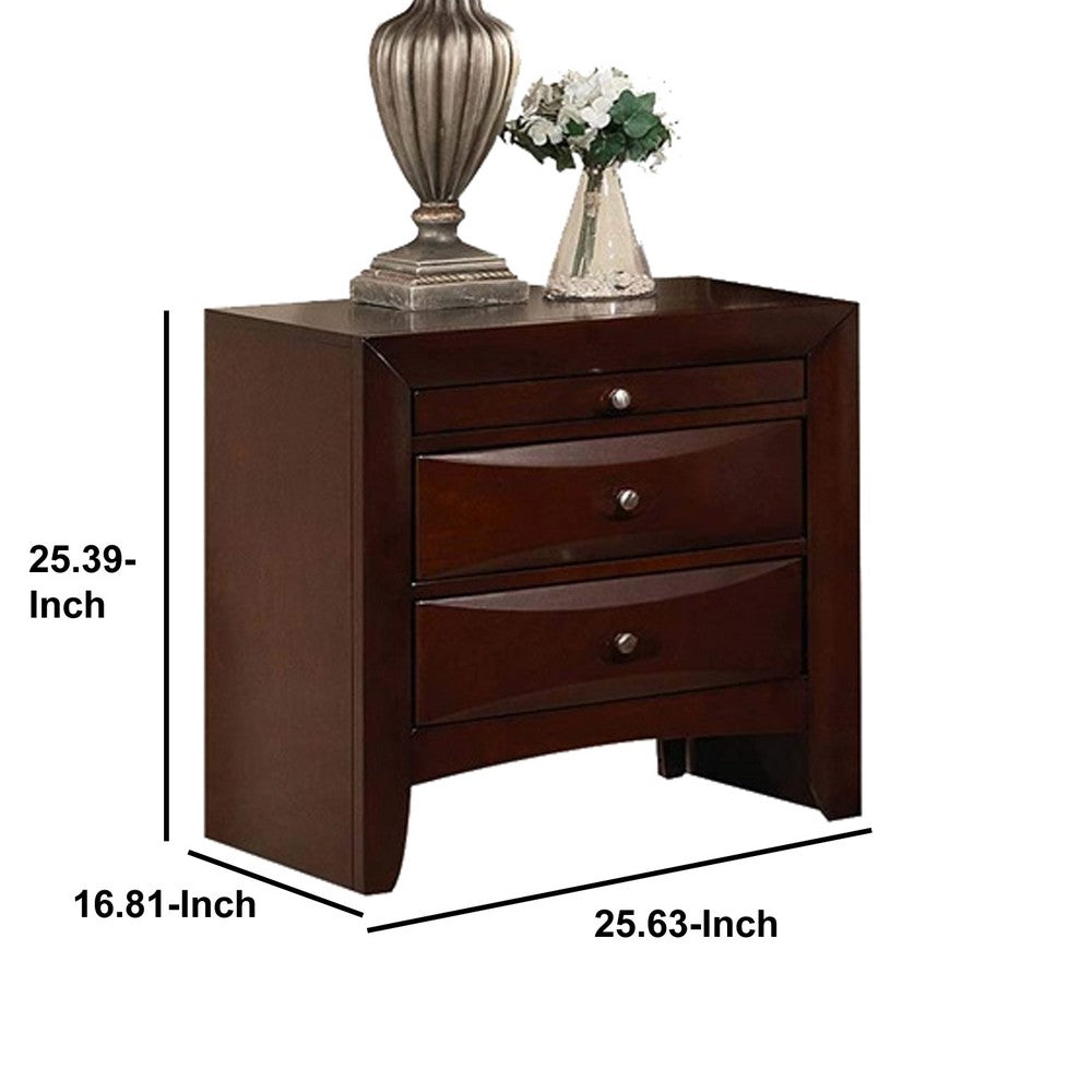 Benzara Contemporary Style Wooden Nightstand with Three Drawers And Metal Knobs, Brown