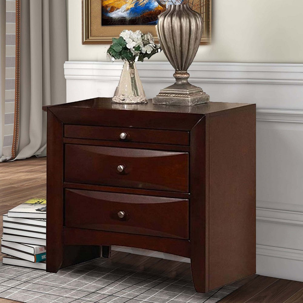 Benzara Contemporary Style Wooden Nightstand with Three Drawers And Metal Knobs, Brown