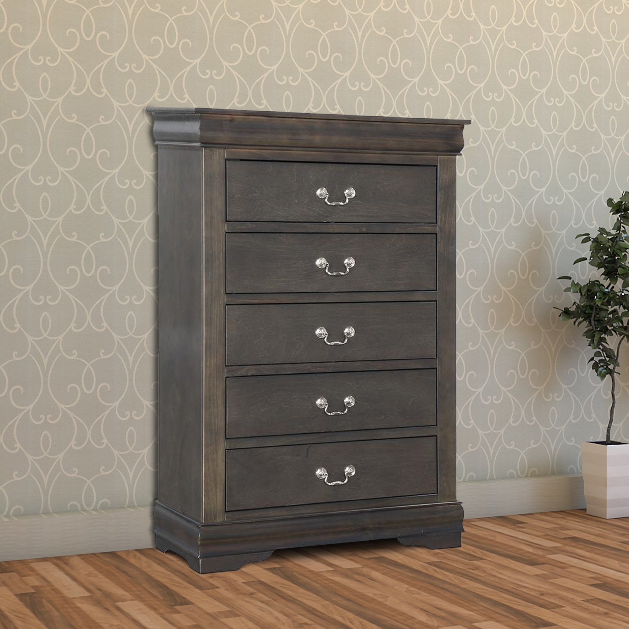 Benzara Traditional Style Five Drawer Wooden Chest with Bracket Base, Dark Gray