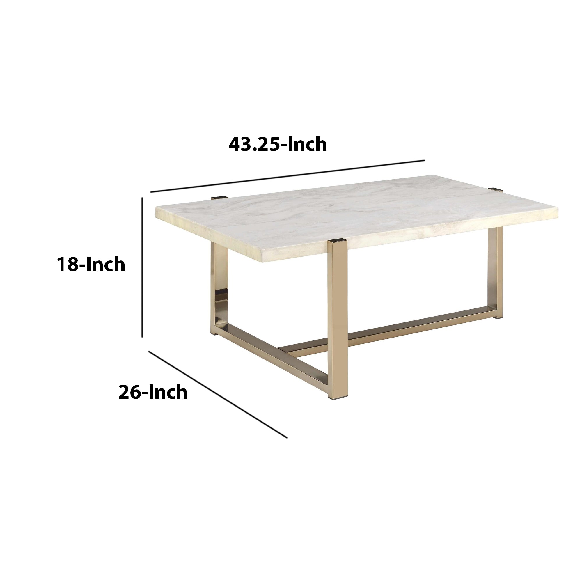 Benzara Modern Metal Framed Coffee Table with Faux Marble Top, White And Gold