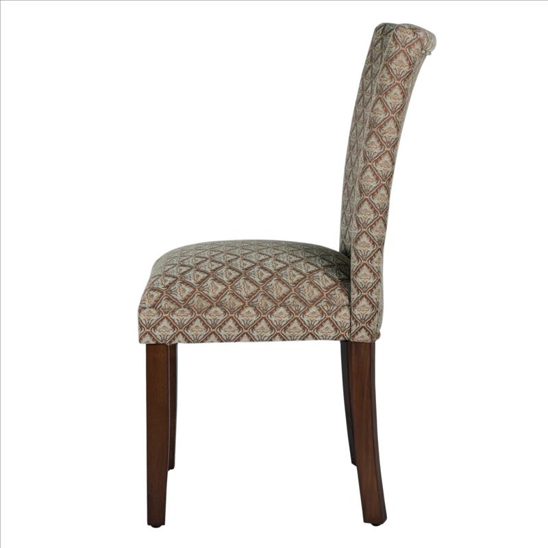 Benjara Wooden Parson Dining Chair with Damask Pattern Fabric Upholstery, Multicolor