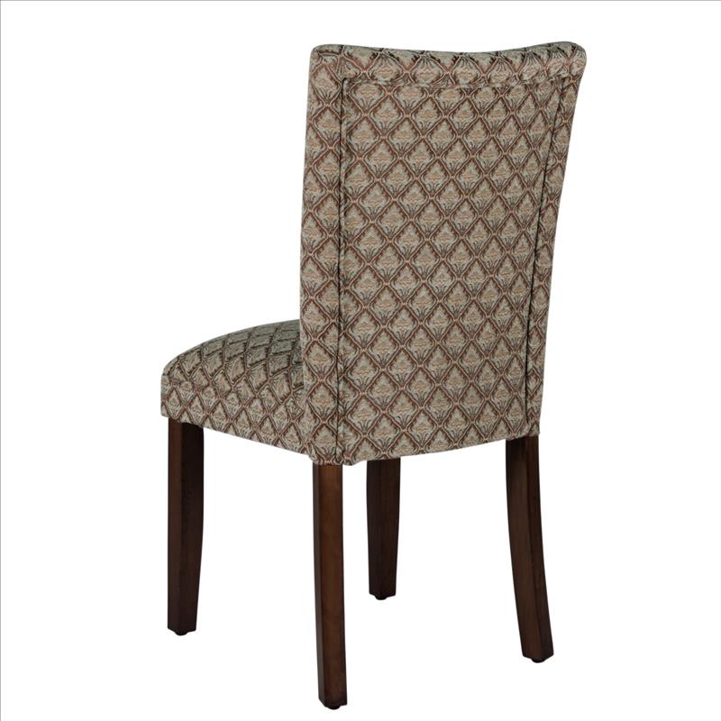 Benjara Wooden Parson Dining Chair with Damask Pattern Fabric Upholstery, Multicolor
