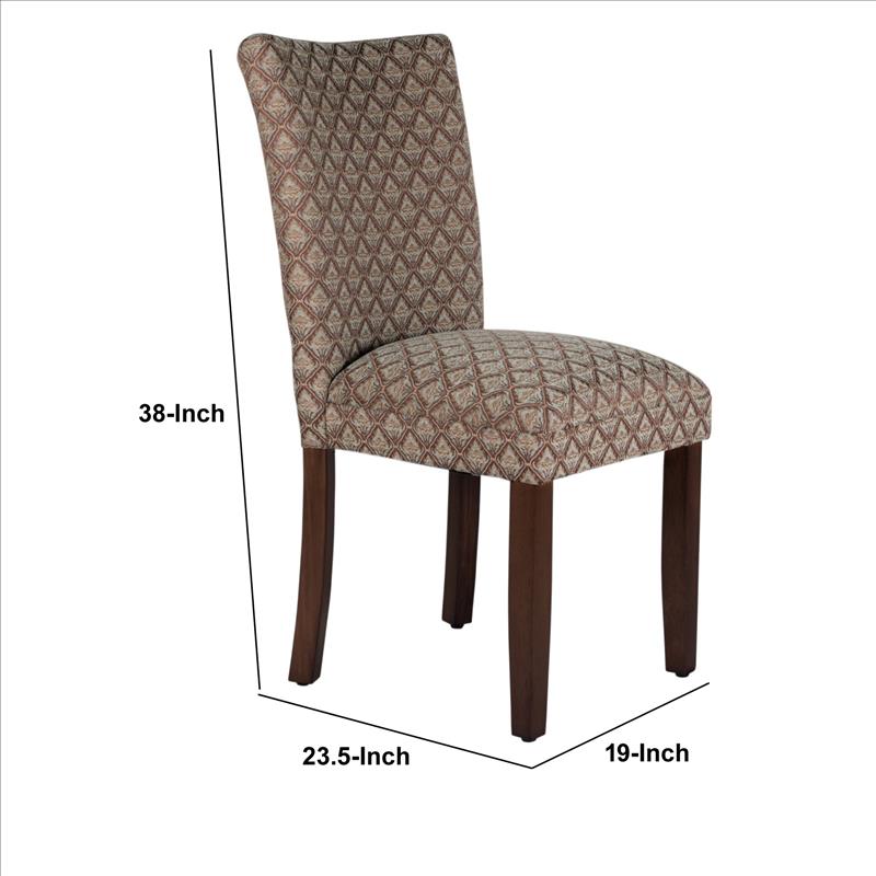 Benjara Wooden Parson Dining Chair with Damask Pattern Fabric Upholstery, Multicolor