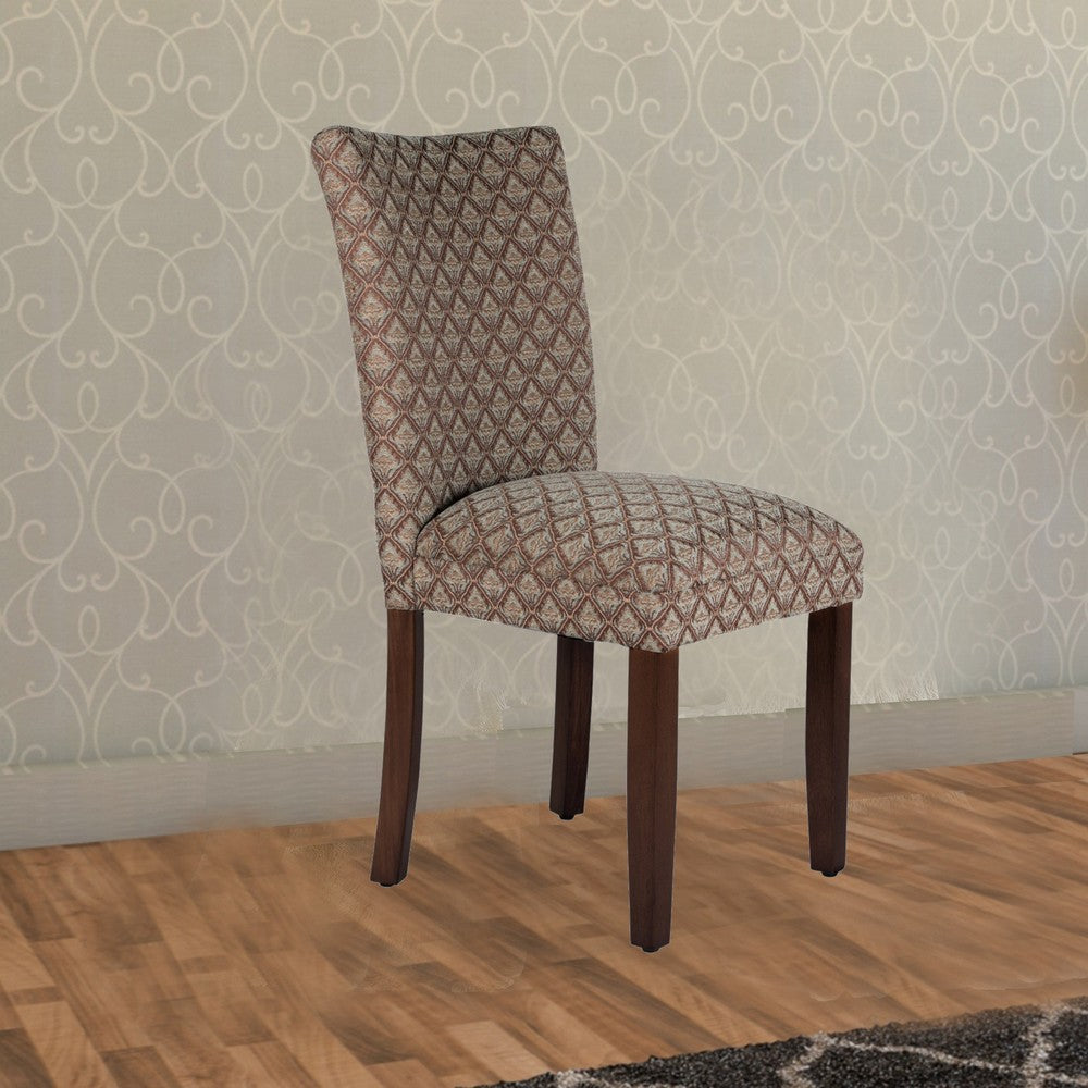 Benjara Wooden Parson Dining Chair with Damask Pattern Fabric Upholstery, Multicolor