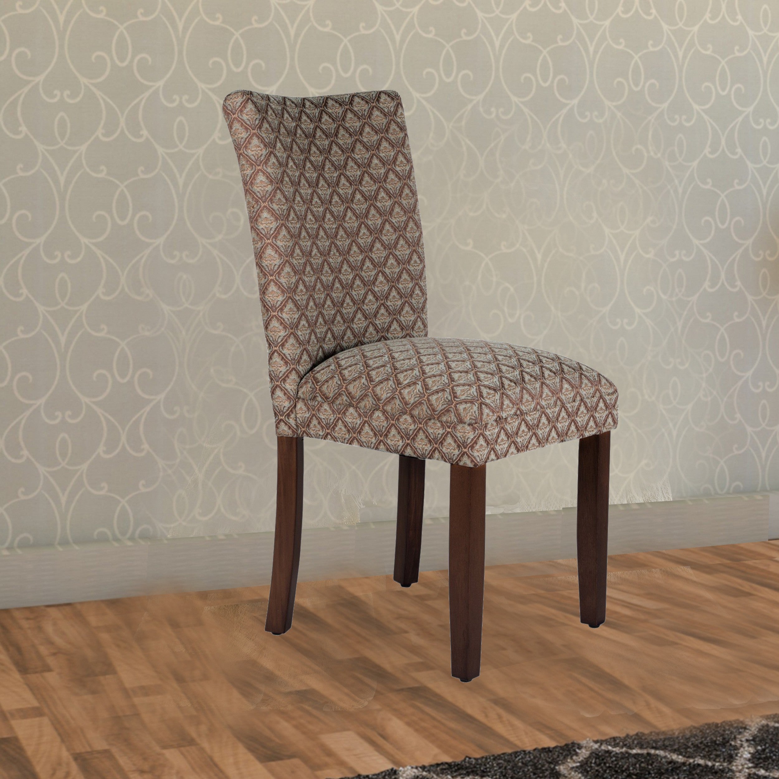 Benjara Wooden Parson Dining Chair with Damask Pattern Fabric Upholstery, Multicolor