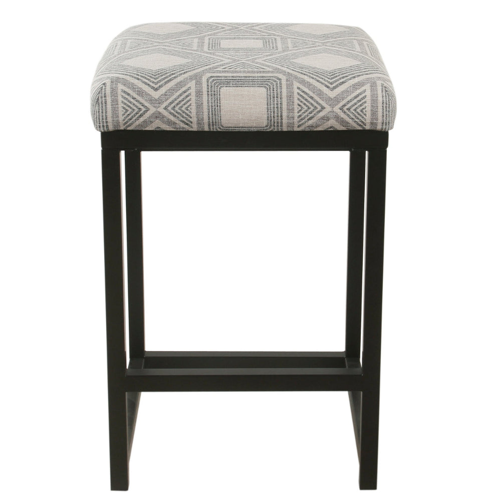 Benjara Metal Counter Stool with Geometric Pattern Fabric Upholstered Seat, Gray And Black